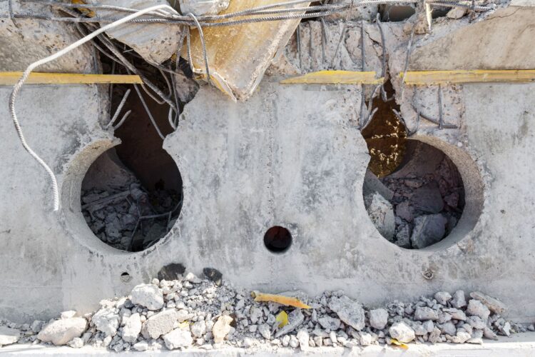 Betonwand mit runden Öffnungen und Bauschutt