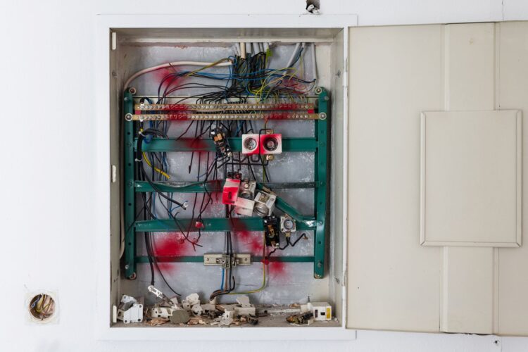 Offener Elektrokasten mit sichtbarer Verkabelung und Sicherungen