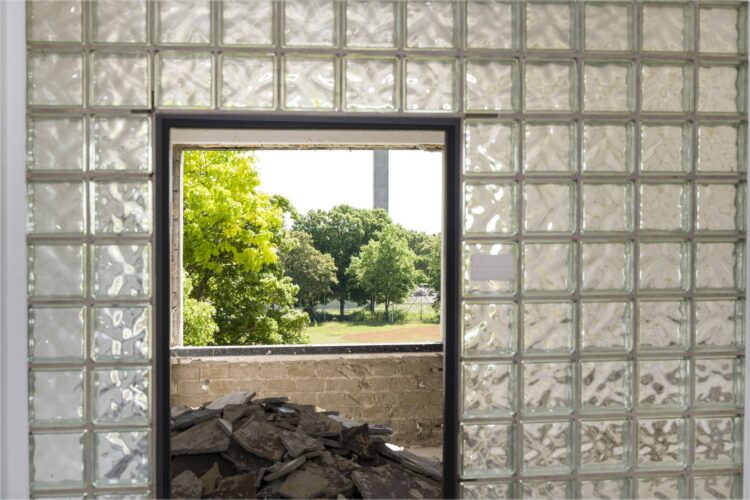 Blick durch ein Fenster auf Bäume und Grünfläche